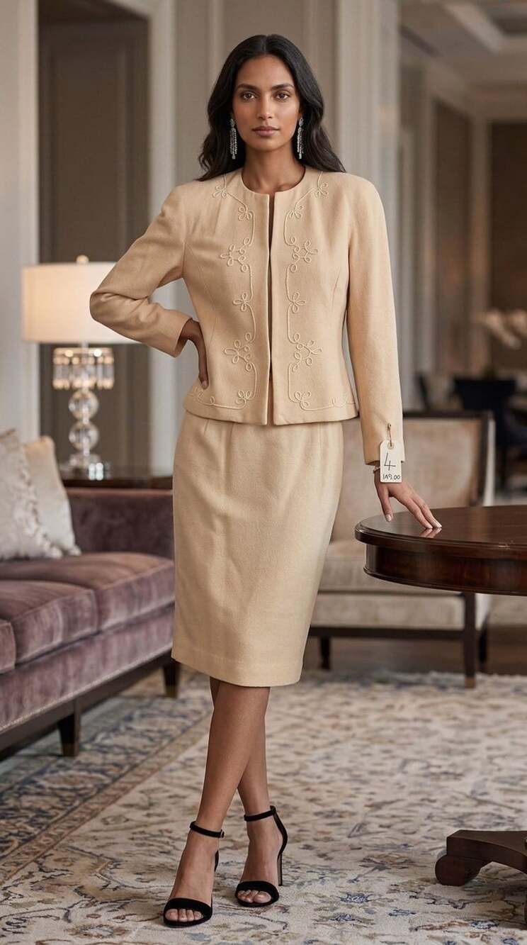 Talbots Cream Wool Blend Embroidered Jacket And Skirt Suit Set